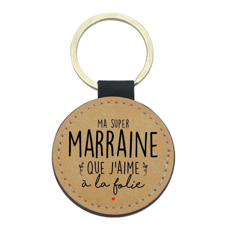 Porte-clefs cuir végan marron imprimé Ma super marraine que j'aime a la folie