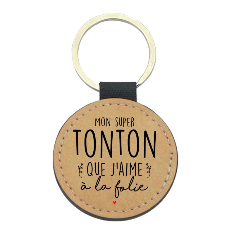 Porte-clefs cuir végan marron imprimé Mon super tonton que j'aime a la folie