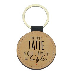 Porte-clefs cuir végan marron imprimé Ma super tatie que j'aime a la folie