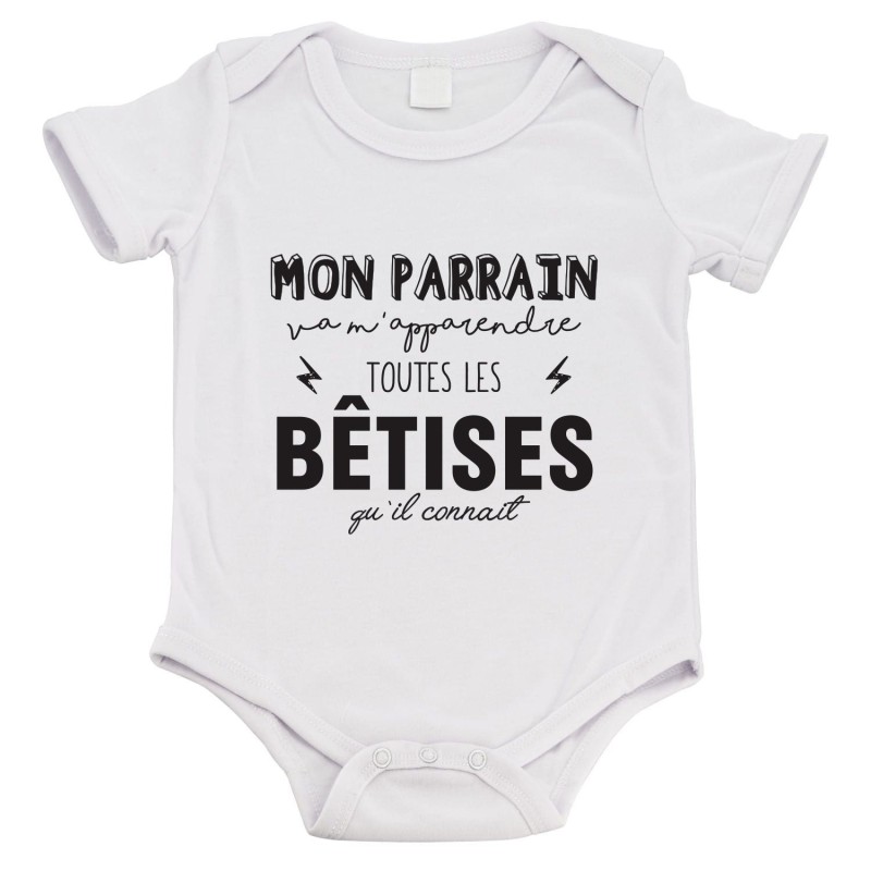 Body bébé - Cadeau naissance - imprimé citation Humour - Mon parrain va m'apprendre toutes les bêtises