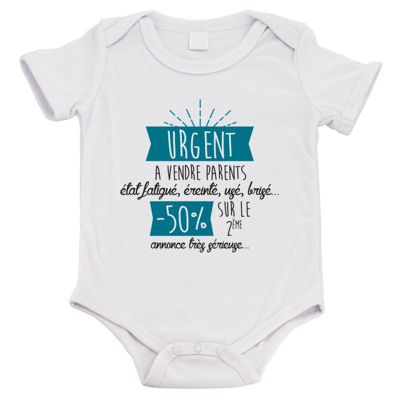 Body bébé - Cadeau Baptême - imprimé humour - Urgent parents a vendre