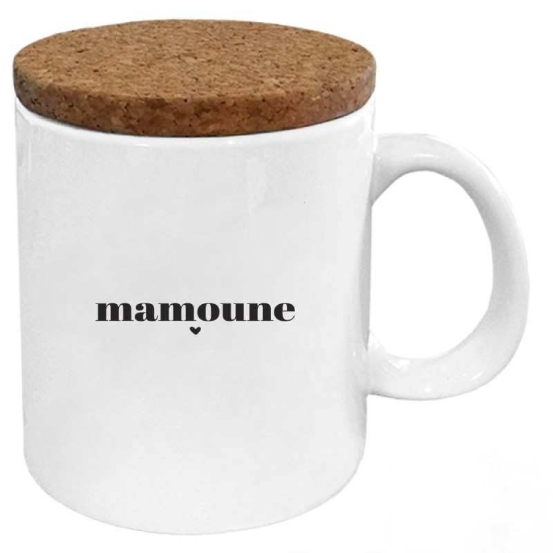 Mug tasse - Céramique avec couvercle en liège - imprimé - Citation Fête des mères - Mamoune je t'aime