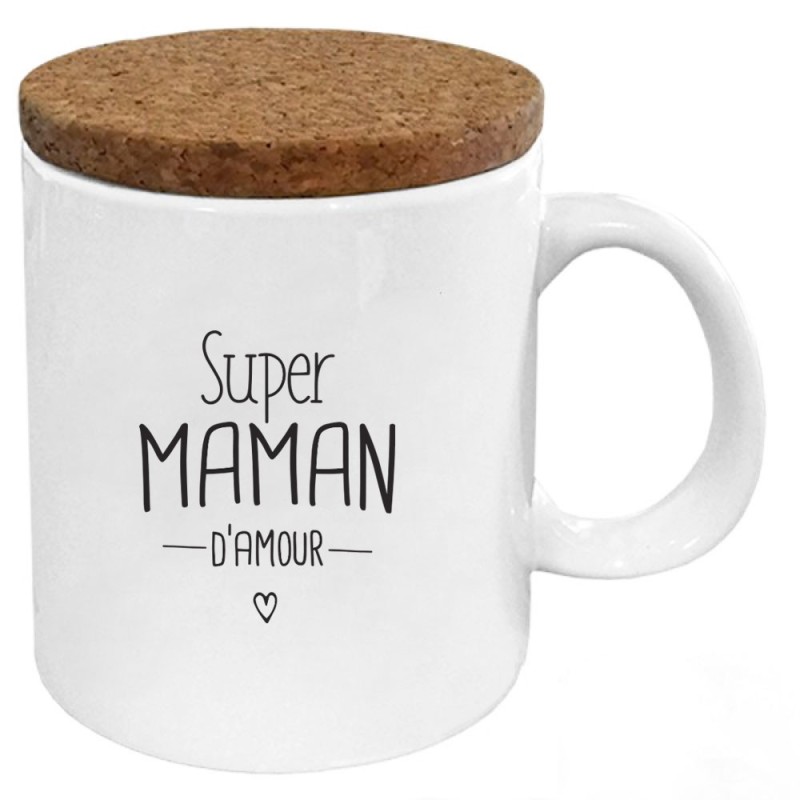 Mug tasse - Céramique avec couvercle en liège - imprimé - Citation Fête des mères - Super maman d'amour