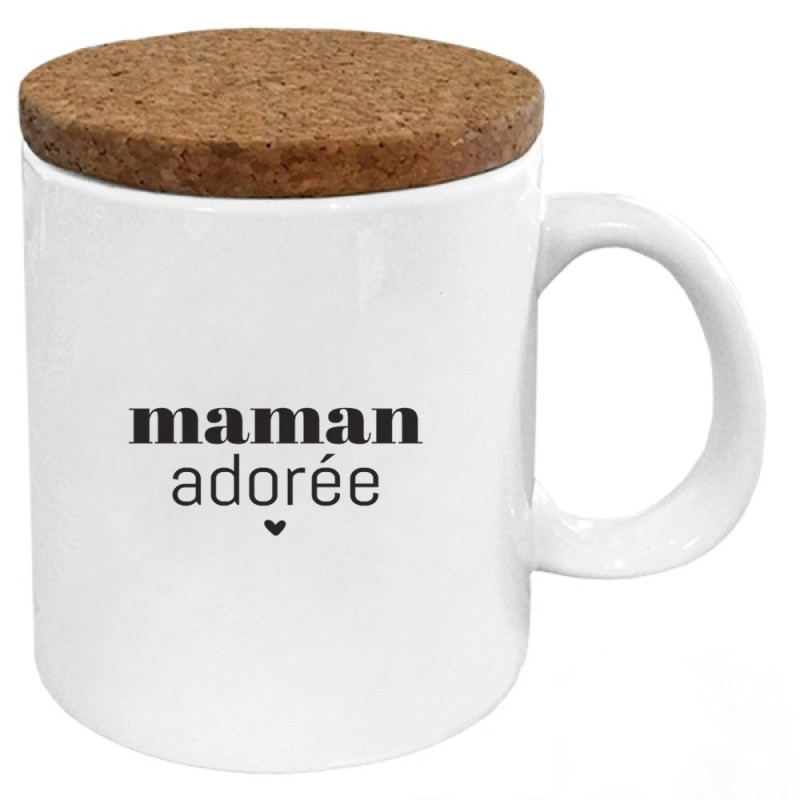 Mug tasse - Céramique avec couvercle en liège - imprimé - Citation Fête des mères - Maman adorée