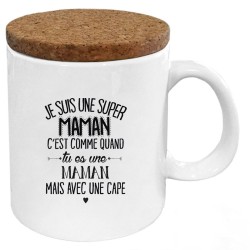Mug tasse - Céramique avec couvercle en liège - imprimé - Citation Fête des mères - Une super maman avec une cape