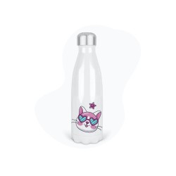 Bouteille gourde isotherme acier inox - Blanc - 350 ml - imprimé illustration Chat kawaii manga