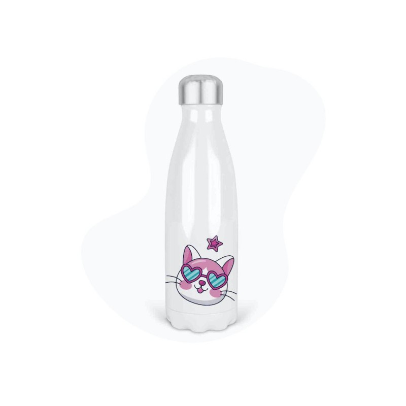 Bouteille gourde isotherme acier inox - Blanc - 350 ml - imprimé illustration Chat kawaii manga