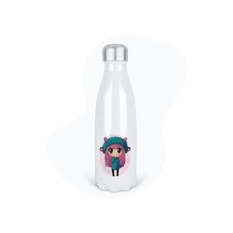 Bouteille gourde isotherme acier inox - Blanc - 350 ml - imprimé illustration Manga anime girl