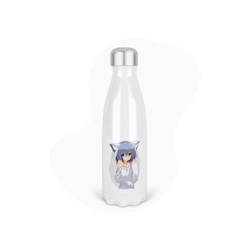 Bouteille gourde isotherme acier inox - Blanc - 350 ml - imprimé illustration Manga anime girl chat