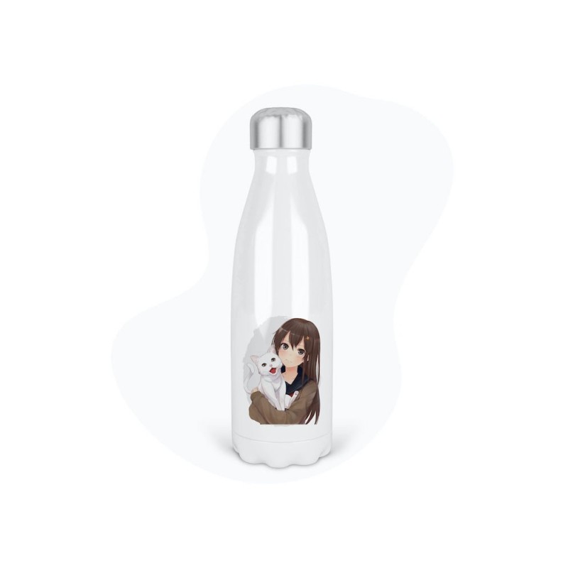 Bouteille gourde isotherme acier inox - Blanc - 350 ml - imprimé illustration Manga anime girl chat