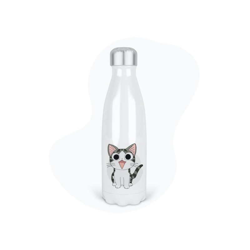 Bouteille gourde isotherme acier inox - Blanc - 350 ml - imprimé illustration Manga chat kawaii
