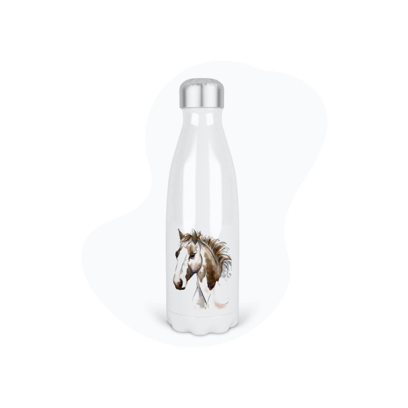 Bouteille gourde isotherme acier inox - Blanc - 350 ml - imprimé illustration cheval équitation