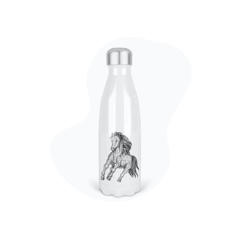 Bouteille gourde isotherme acier inox - Blanc - 350 ml - imprimé illustration cheval équitation