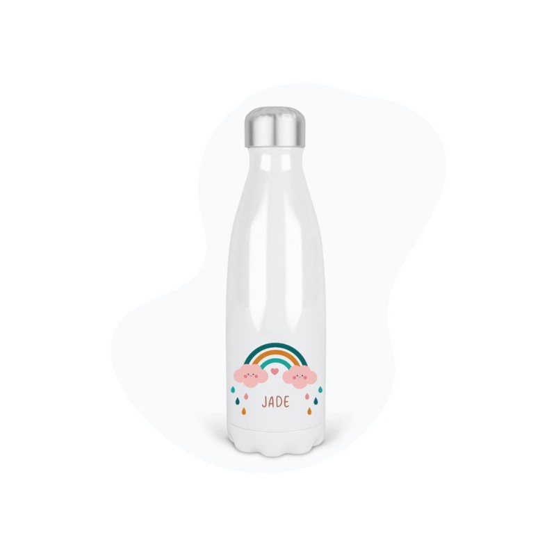 Bouteille gourde isotherme acier inox - Blanc - 350 ml - imprimé illustration Arc en ciel Prénom Jade