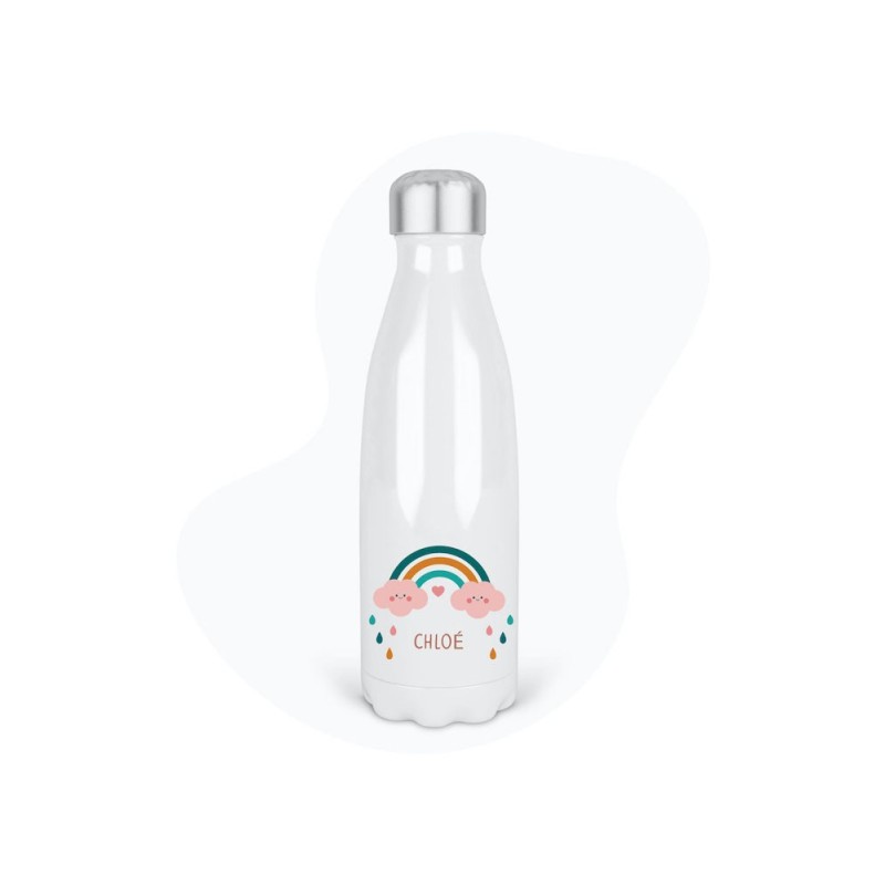 Bouteille gourde isotherme acier inox - Blanc - 350 ml - imprimé illustration Arc en ciel Prénom Chloé