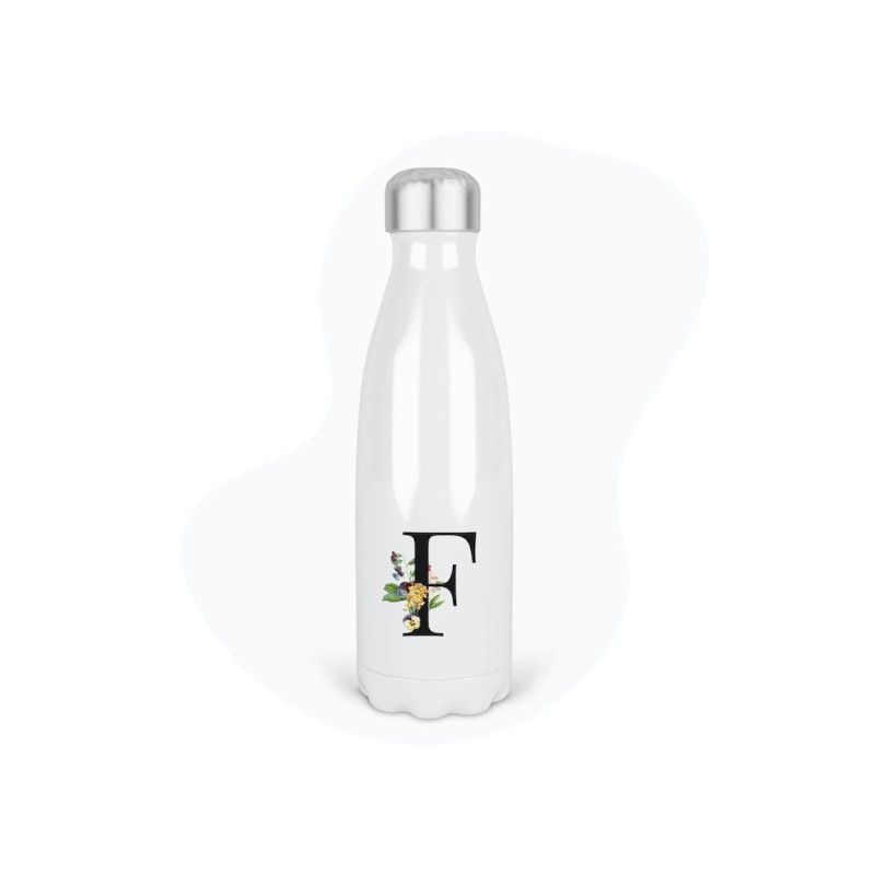 Bouteille gourde isotherme acier inox - Blanc - 350 ml - imprimé illustration Prénom lettre F
