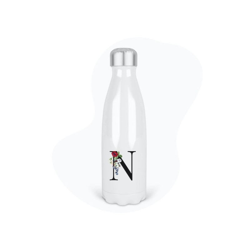Bouteille gourde isotherme acier inox - Blanc - 350 ml - imprimé illustration Prénom lettre N