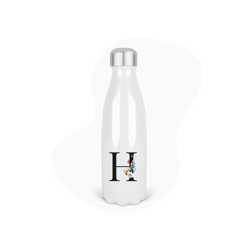 Bouteille gourde isotherme acier inox - Blanc - 350 ml - imprimé illustration Prénom lettre H