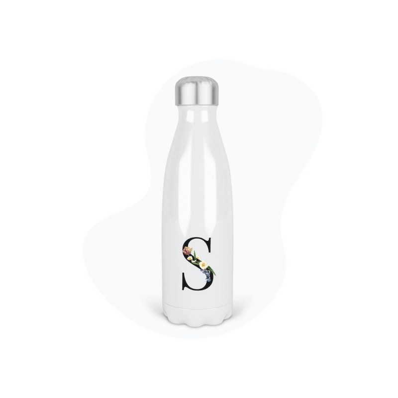 Bouteille gourde isotherme acier inox - Blanc - 350 ml - imprimé illustration Prénom lettre S