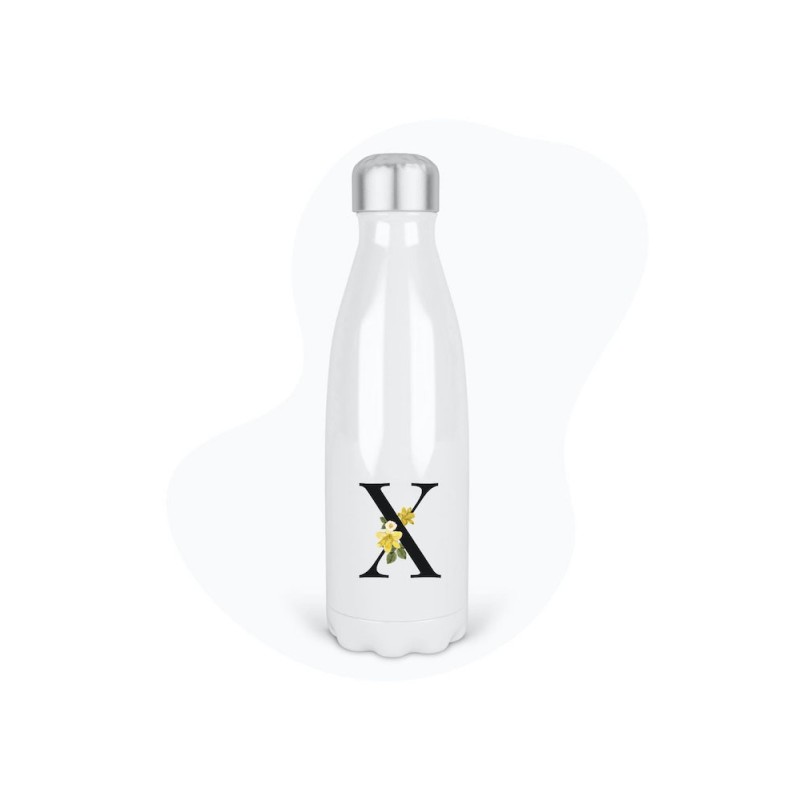 Bouteille gourde isotherme acier inox - Blanc - 350 ml - imprimé illustration Prénom lettre X
