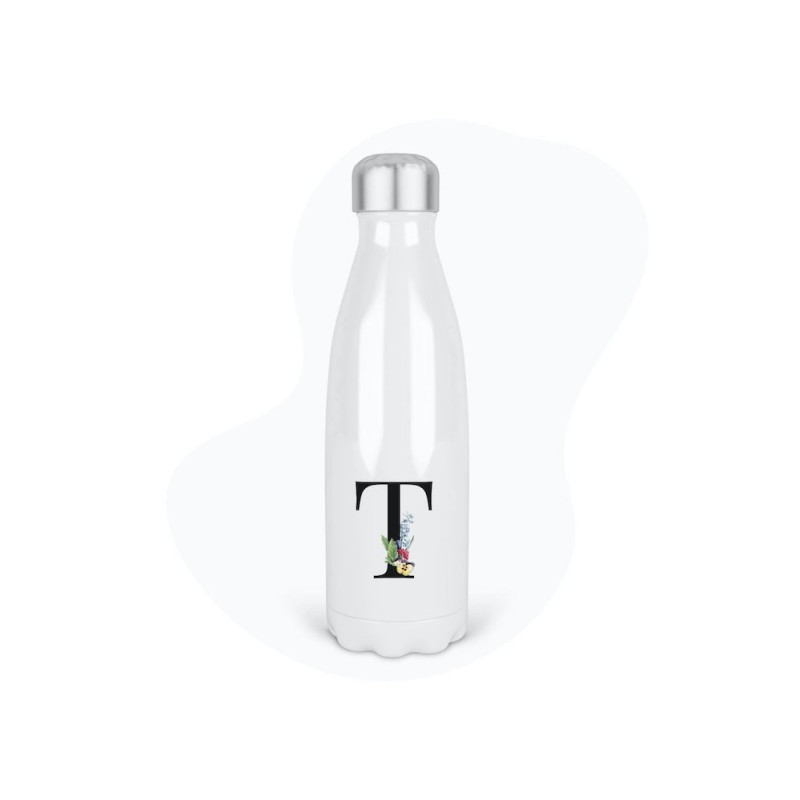 Bouteille gourde isotherme acier inox - Blanc - 350 ml - imprimé illustration Prénom lettre T