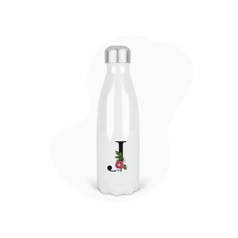 Bouteille gourde isotherme acier inox - Blanc - 350 ml - imprimé illustration Prénom lettre J