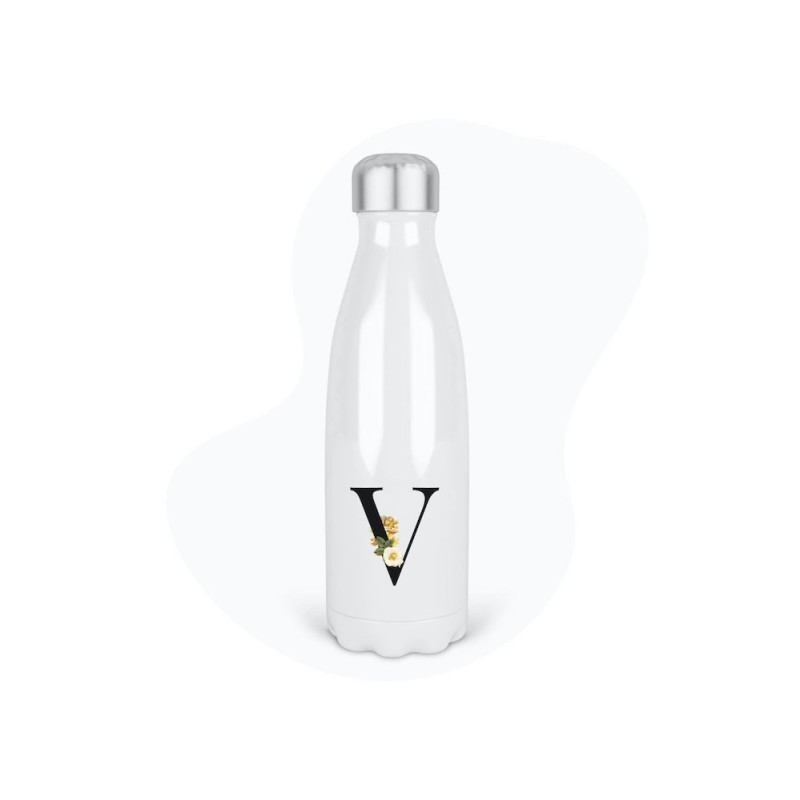 Bouteille gourde isotherme acier inox - Blanc - 350 ml - imprimé illustration Prénom lettre V