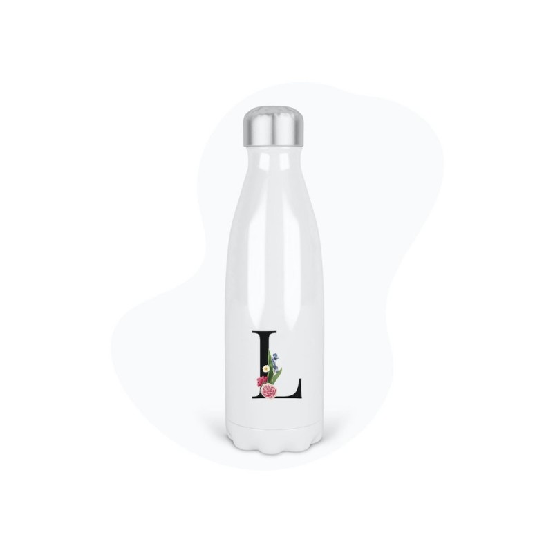 Bouteille gourde isotherme acier inox - Blanc - 350 ml - imprimé illustration Prénom lettre L