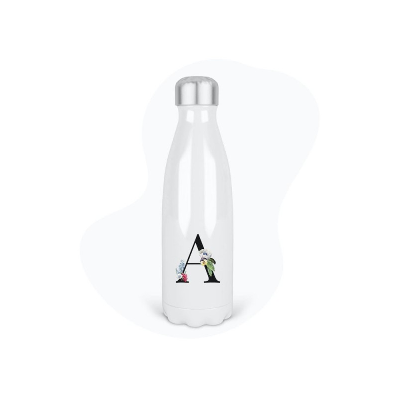 Bouteille gourde isotherme acier inox - Blanc - 350 ml - imprimé illustration Prénom lettre A