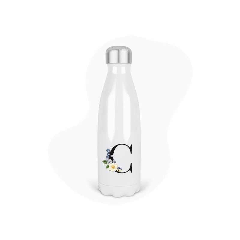 Bouteille gourde isotherme acier inox - Blanc - 350 ml - imprimé illustration Prénom lettre C