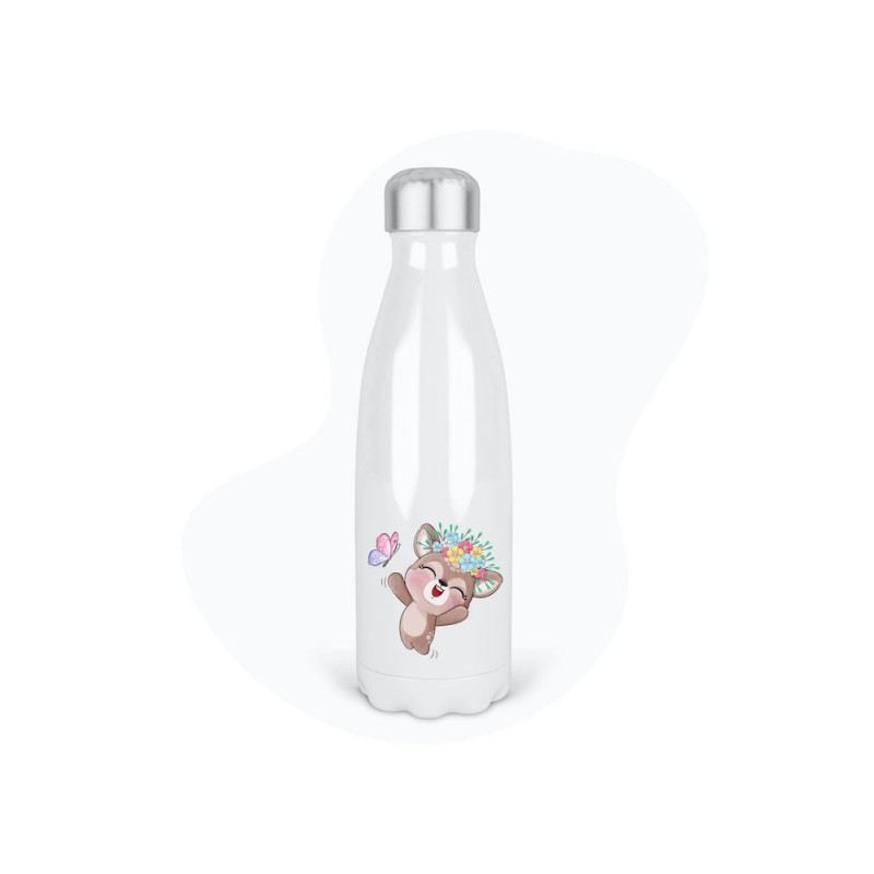 Bouteille gourde isotherme acier inox - Blanc - 350 ml - imprimé illustration lapin papillon
