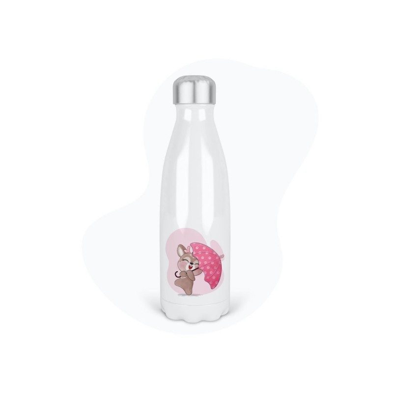 Bouteille gourde isotherme acier inox - Blanc - 350 ml - imprimé illustration lapin rose