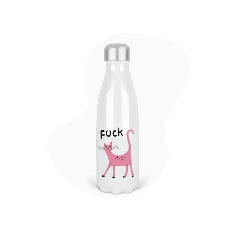 Bouteille gourde isotherme acier inox - Blanc - 350 ml - imprimé illustration Chat fuck