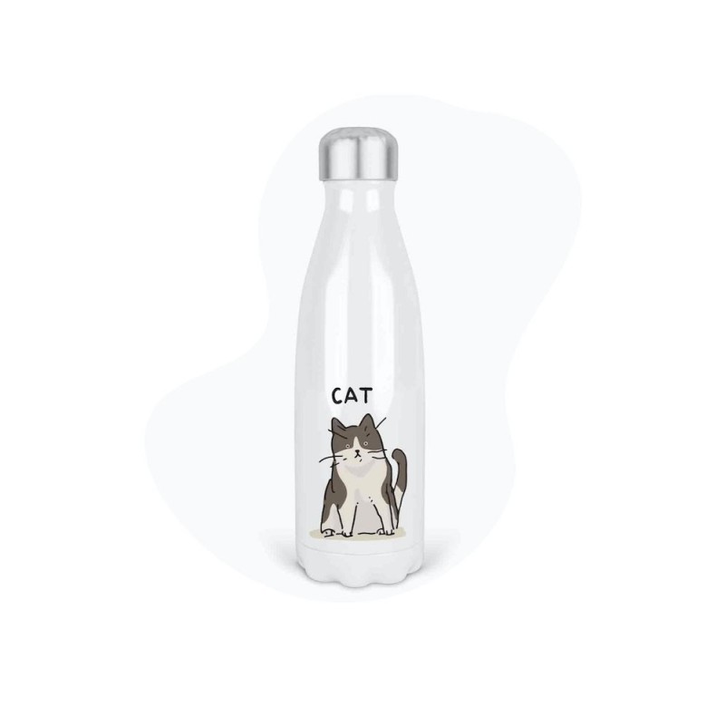 Bouteille gourde isotherme acier inox - Blanc - 350 ml - imprimé illustration Chat manga
