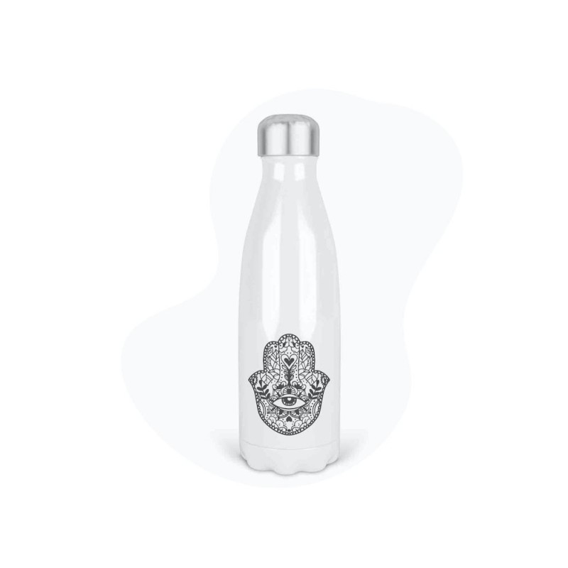 Bouteille gourde isotherme acier inox - Blanc - 350 ml - imprimé illustration Porte bonheur main fatma Khamsa