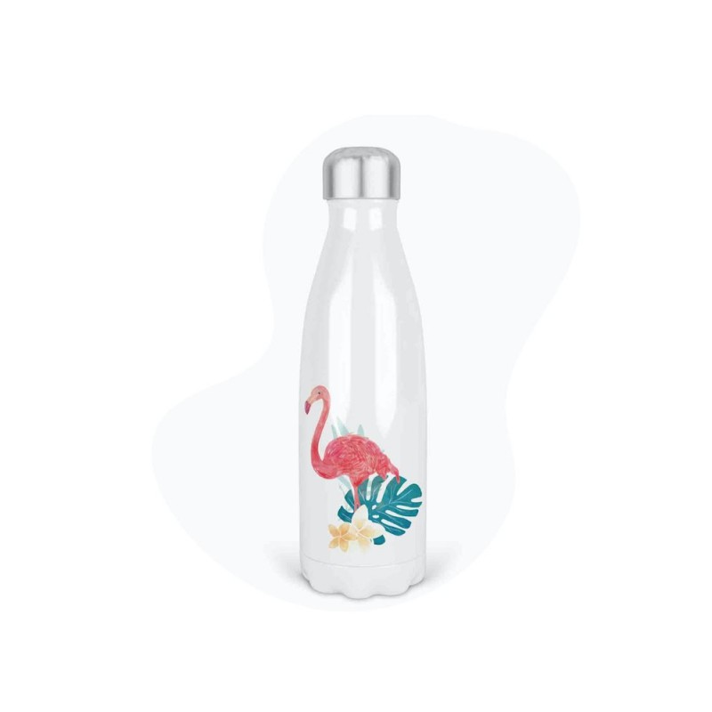 Bouteille gourde isotherme acier inox - Blanc - 350 ml - imprimé illustration Flamant rose