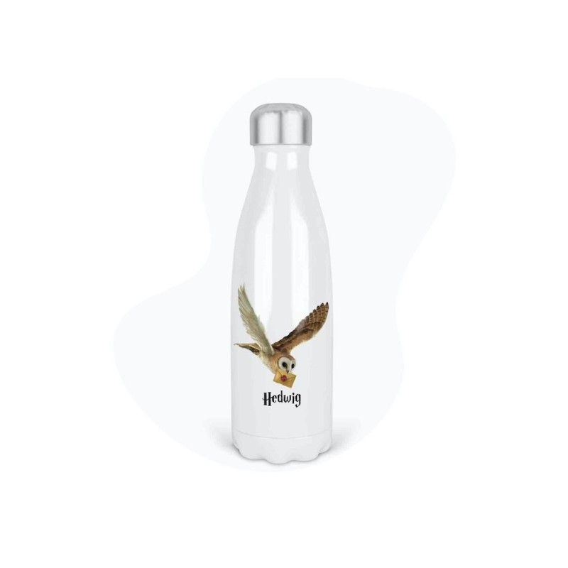 Bouteille gourde isotherme acier inox - Blanc - 350 ml - imprimé illustration Hedwige chouette