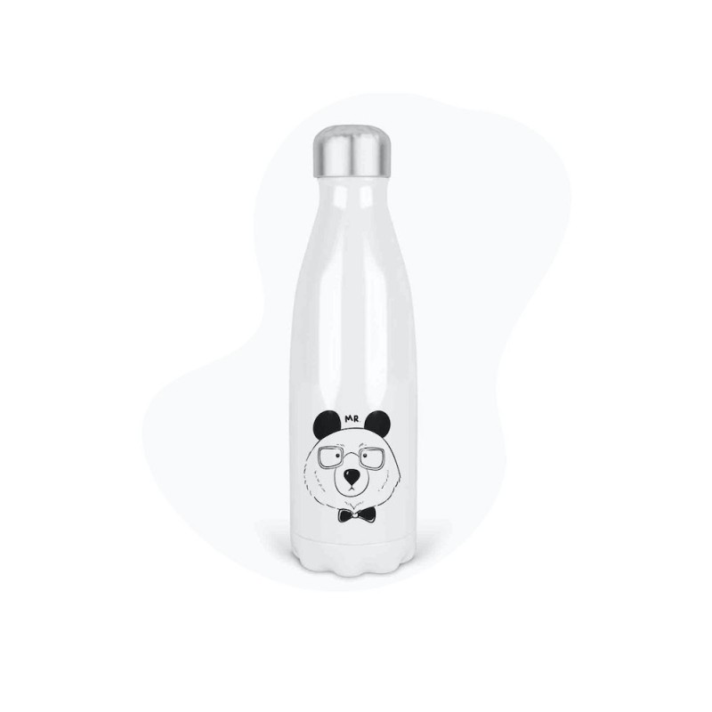 Bouteille gourde isotherme acier inox - Blanc - 350 ml - imprimé illustration Ours lunette