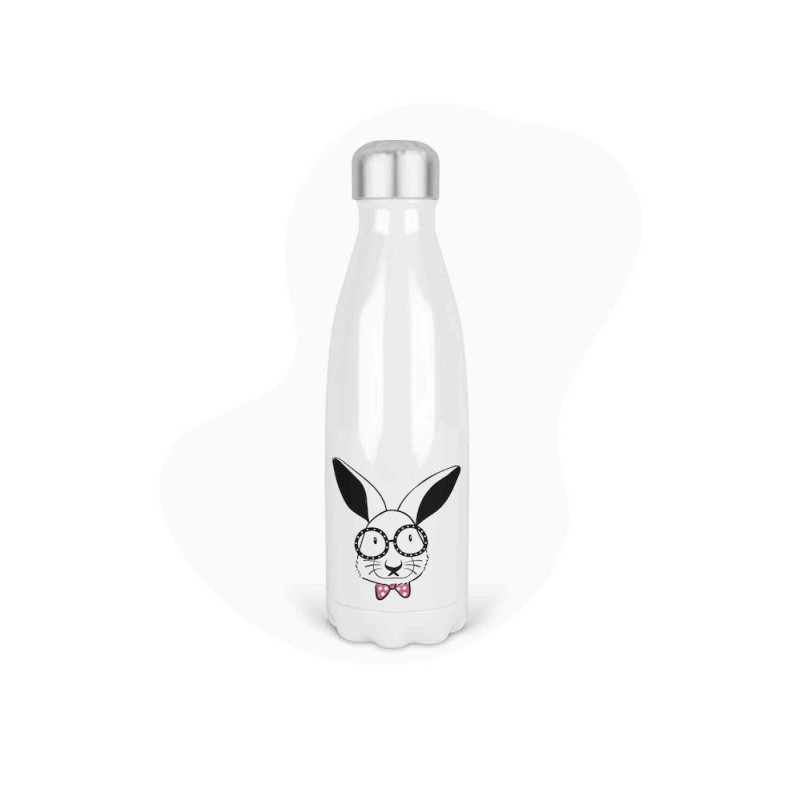 Bouteille gourde isotherme acier inox - Blanc - 350 ml - imprimé illustration Lapin lunette
