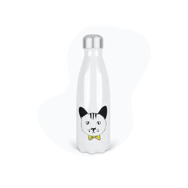 Bouteille gourde isotherme acier inox - Blanc - 350 ml - imprimé illustration Chat
