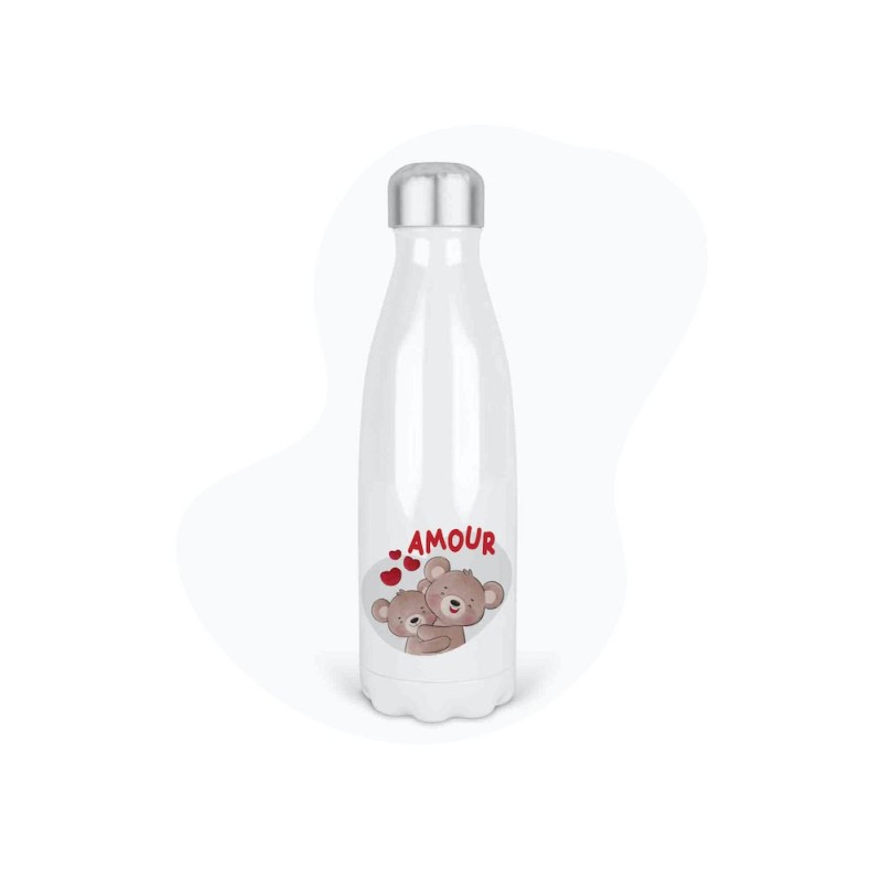Bouteille gourde isotherme acier inox - Blanc - 350 ml - imprimé illustration Amour ours