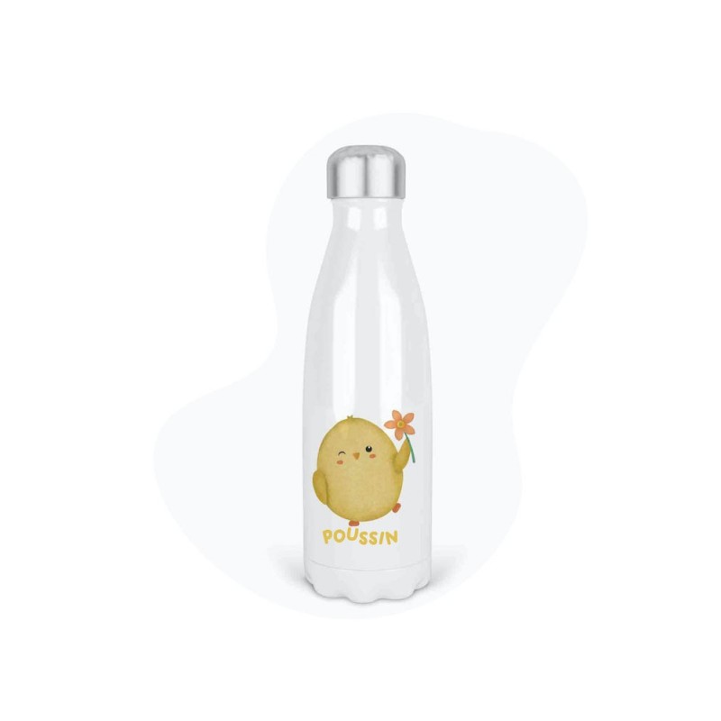 Bouteille gourde isotherme acier inox - Blanc - 350 ml - imprimé illustration Poussin