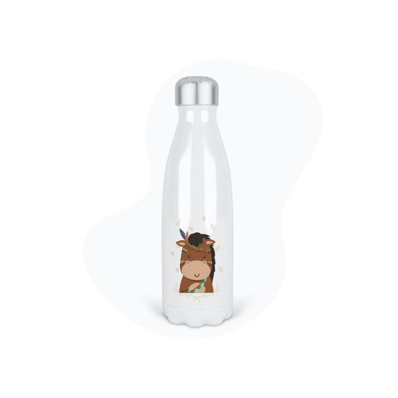 Bouteille gourde isotherme acier inox - Blanc - 350 ml - imprimé illustration Cheval indien