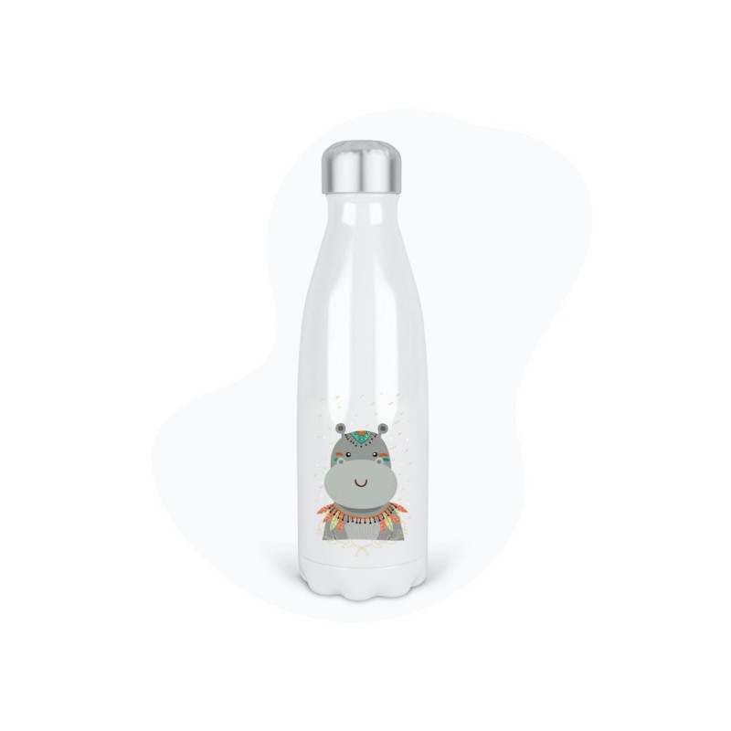 Bouteille gourde isotherme acier inox - Blanc - 350 ml - imprimé illustration Hippopotame indien