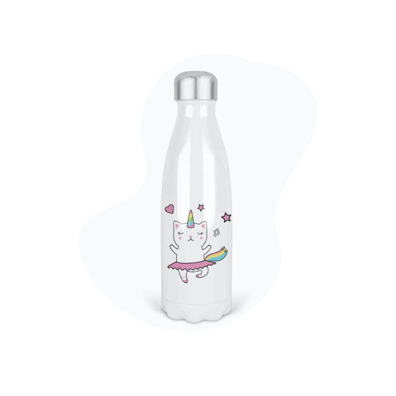 Bouteille gourde isotherme acier inox - Blanc - 350 ml - imprimé illustration Chat licorne