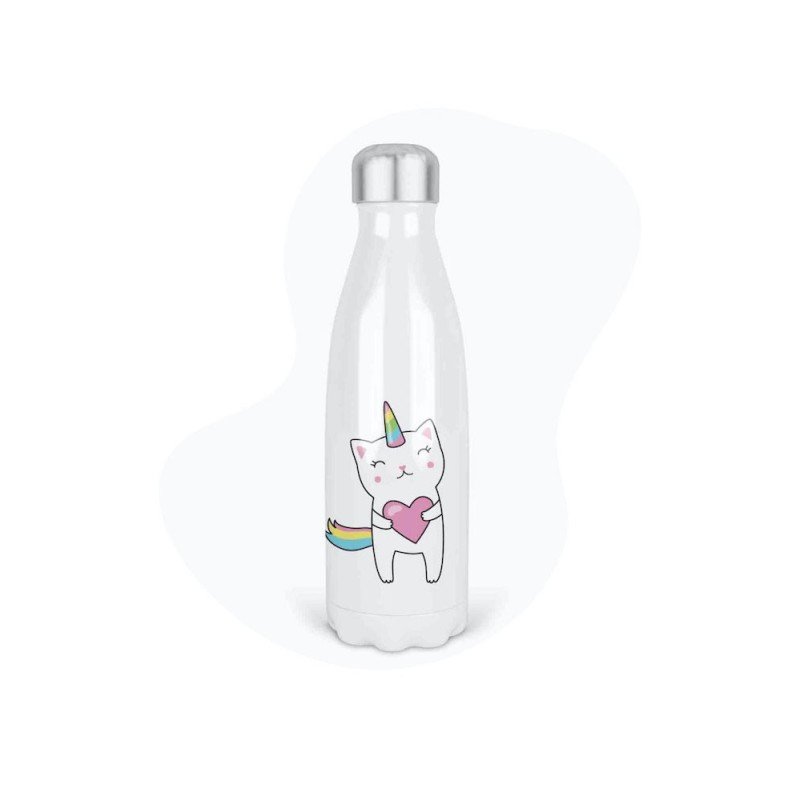 Bouteille gourde isotherme acier inox - Blanc - 350 ml - imprimé illustration Chat licorne