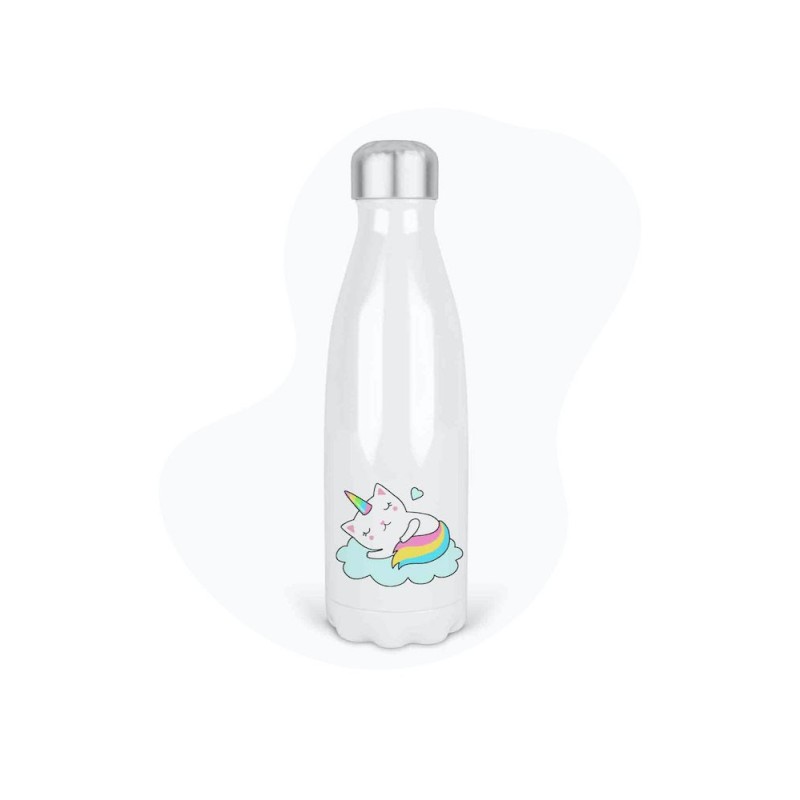 Bouteille gourde isotherme acier inox - Blanc - 350 ml - imprimé illustration Chat licorne