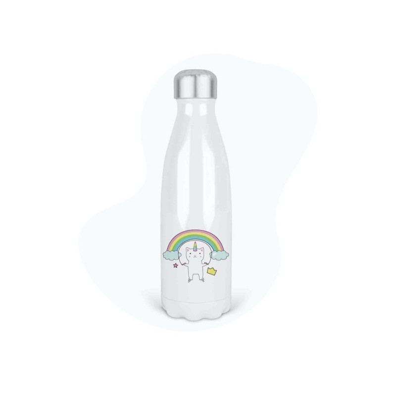 Bouteille gourde isotherme acier inox - Blanc - 350 ml - imprimé illustration Chat licorne