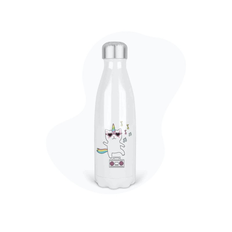 Bouteille gourde isotherme acier inox - Blanc - 350 ml - imprimé illustration Chat licorne