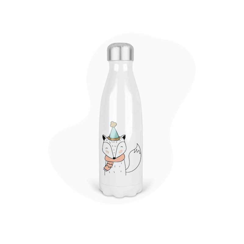 Bouteille gourde isotherme acier inox - Blanc - 350 ml - imprimé illustration Renard Noël
